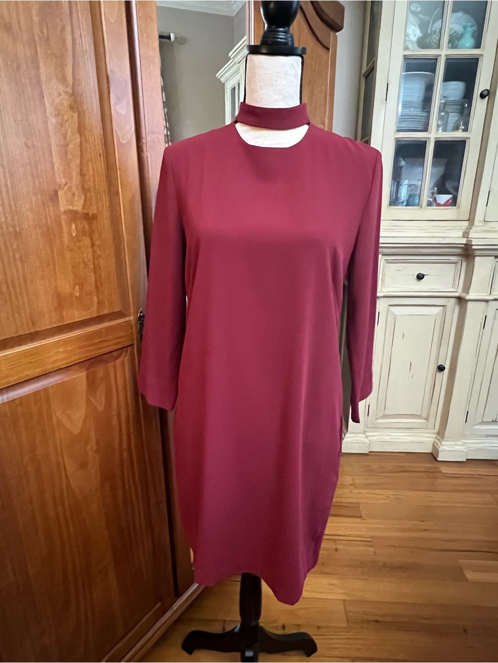 Burgundy Choker-Neck Midi Shift Dress